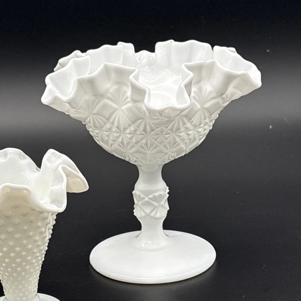 Vintage Fenton White Milk Glass Decor Lot - Hobnail Basket, Vase & Compote Set